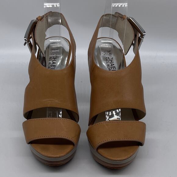 Michael Michael Kors Carla Platform Vachetta Brown Tan Sandals Heels SZ 6.5 - Picture 8 of 11